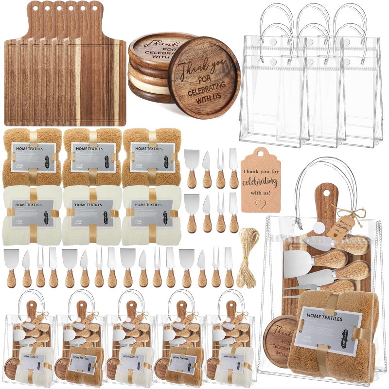 CraftyDream 55 Pcs Baby Shower Prizes for Winners 6 Sets Baby Shower Winners Guest Gifts Cheese Board Cheese Knives Wooden Coasters Towels Thank You Tags Bags for Wedding Bridal Favors(Brown) - Image 1