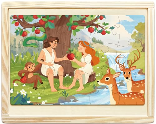 MoinKidz Bible Puzzles for Kids 4in1 Wooden Jigsaw Puzzles in Box 15 Piece Each Religious Christian Toys for Toddlers Eden Tower of Babel Ten Commandments Old Testament - Image 5