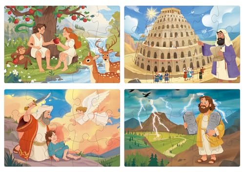 MoinKidz Bible Puzzles for Kids 4in1 Wooden Jigsaw Puzzles in Box 15 Piece Each Religious Christian Toys for Toddlers Eden Tower of Babel Ten Commandments Old Testament - Image 1