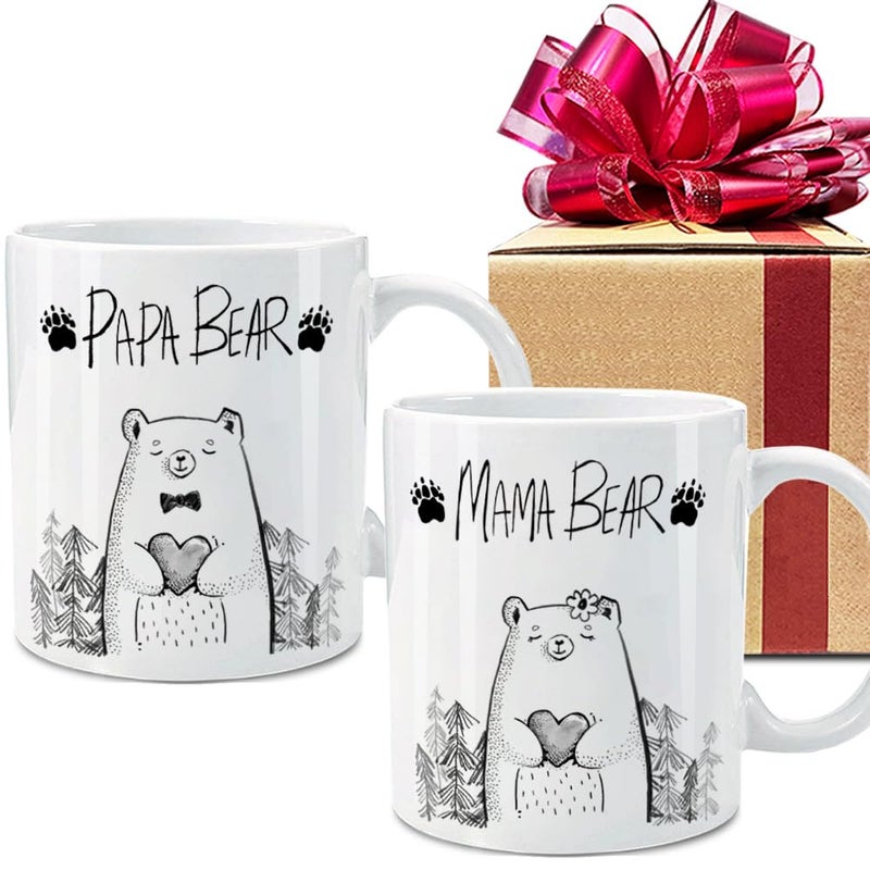 Dnuiyses Bear Mama Papa Mugs Set Ceramic 2x11oz Gift for New Parents Baby Reveal Pregnancy Announcement Dad Mom First Time Wedding Anniversary