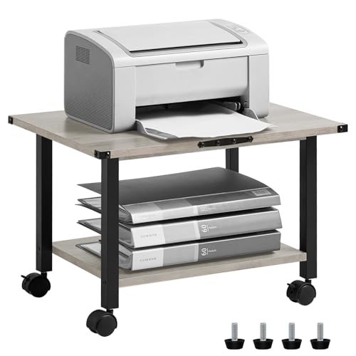 Lerliuo Under Desk Printer Stand, 2-Tier Industrial Mobile Printer Table with Storage Shelf and Steel Frame, Rolling Printer Cart Holder with Lockable Wheels for Home, Office (Grey) - Image 1