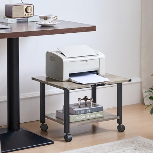 Lerliuo Under Desk Printer Stand, 2-Tier Industrial Mobile Printer Table with Storage Shelf and Steel Frame, Rolling Printer Cart Holder with Lockable Wheels for Home, Office (Grey) - Image 3