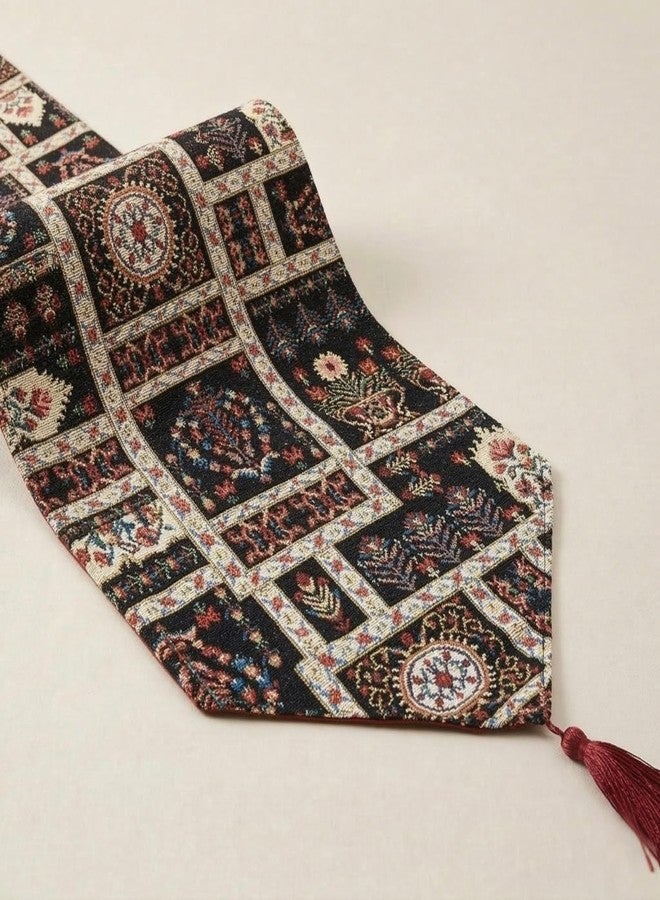 DaDa Bedding Dark Mughal Floral Tapestry Table Runner – Vintage Oriental Botanical Decor for Dining & Kitchen – Woven Linen Double-Sided Mat with Tassels, 13" x 54" - Image 1