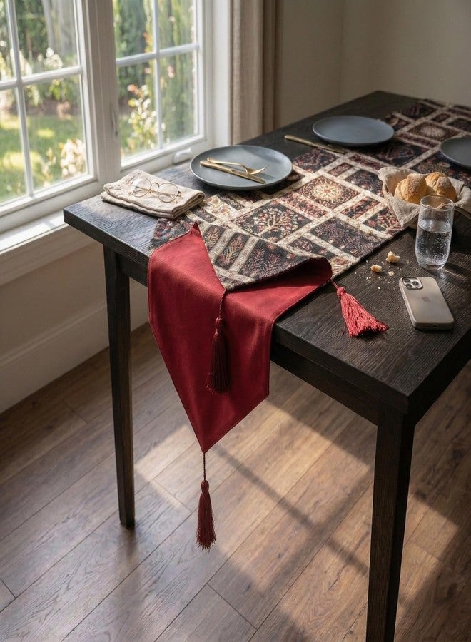 DaDa Bedding Dark Mughal Floral Tapestry Table Runner – Vintage Oriental Botanical Decor for Dining & Kitchen – Woven Linen Double-Sided Mat with Tassels, 13" x 54" - Image 3