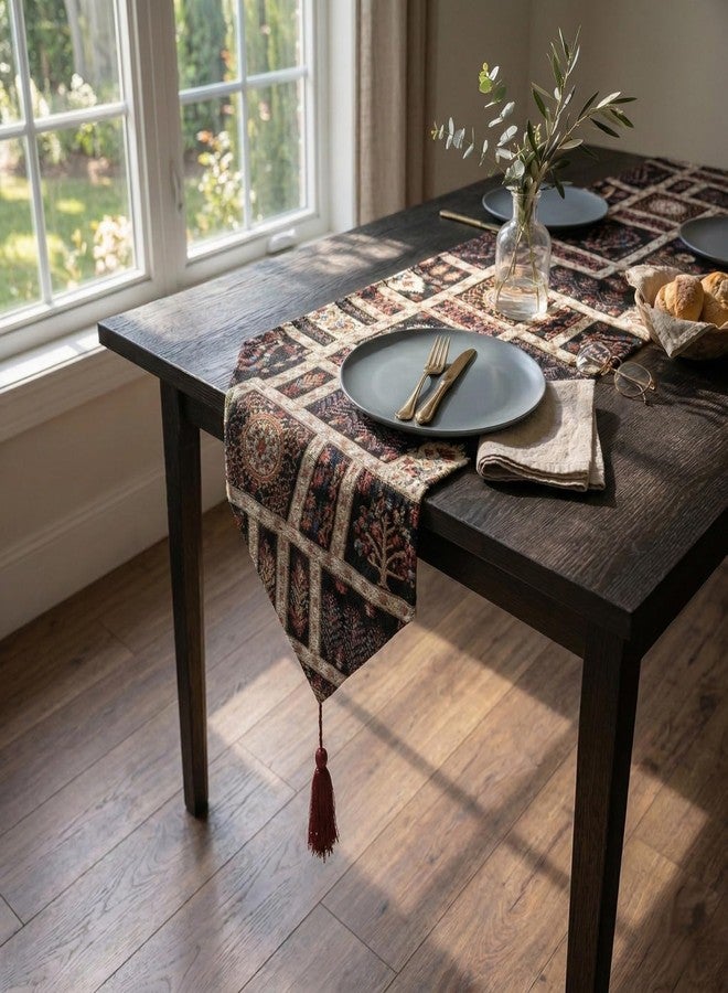 DaDa Bedding Dark Mughal Floral Tapestry Table Runner – Vintage Oriental Botanical Decor for Dining & Kitchen – Woven Linen Double-Sided Mat with Tassels, 13" x 54" - Image 2