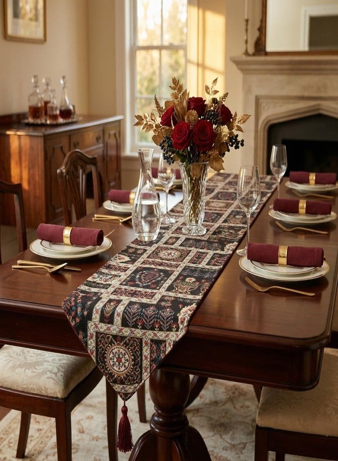 DaDa Bedding Dark Mughal Floral Tapestry Table Runner – Vintage Oriental Botanical Decor for Dining & Kitchen – Woven Linen Double-Sided Mat with Tassels, 13" x 54" - Image 4