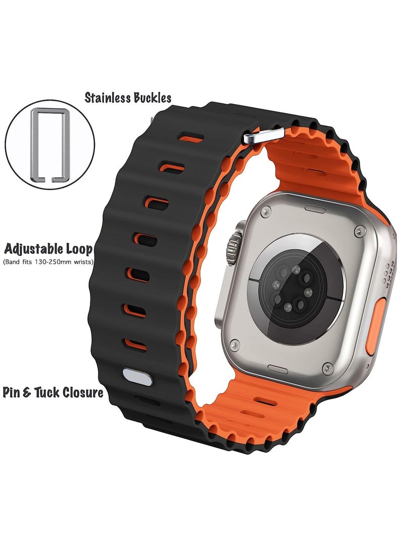 Color Fans - Soft Silicone Ocean Sports Strap Compatible Apple Watch 41mm 40mm 38mm for Men Women, Adjustible Watch Band for Apple Watch SE/Series 9/8/7/6/5/4/3/2/1 - Black/Orange - Image 1