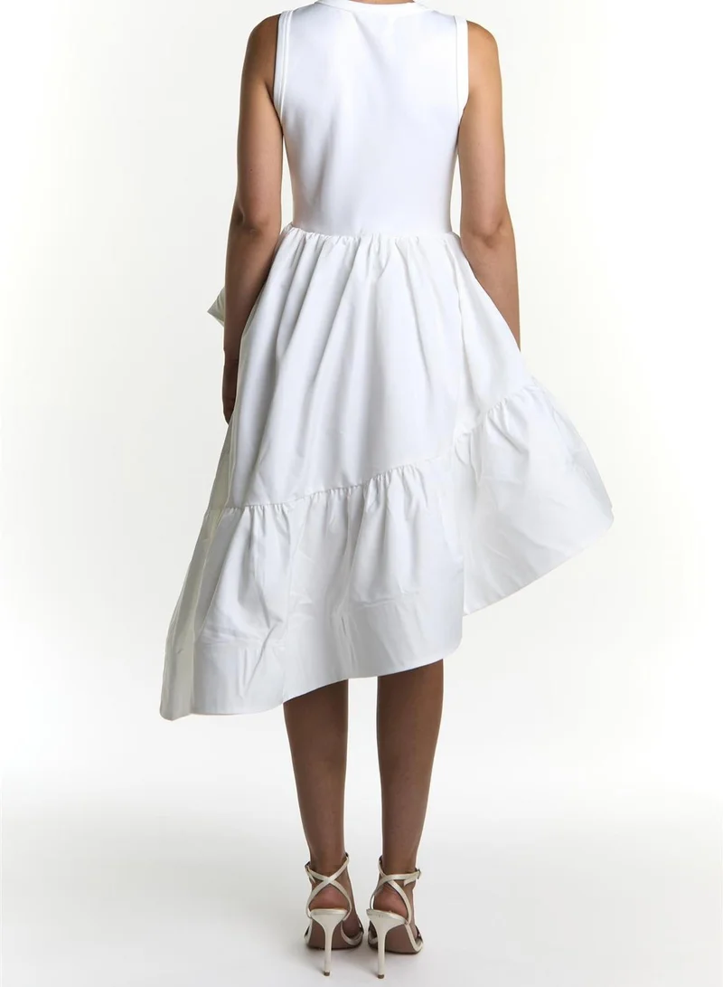 True Decadence White Jordynn Asymmetric Ruffle Midi Dress