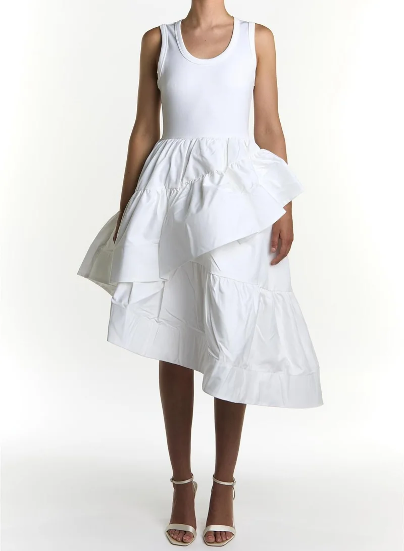 True Decadence White Jordynn Asymmetric Ruffle Midi Dress