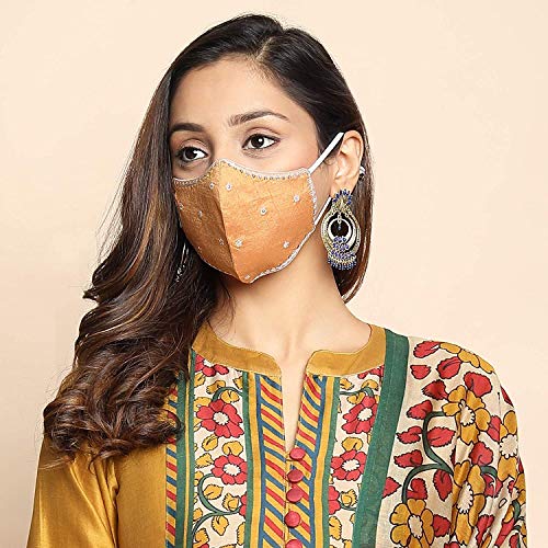MASQ By Q-One Shubh 4 Layer, Reusable, with Ear Adjusters, Anti-Bacterial (BFE>99%) Embroidered Cotton Cloth Face Mask Combo for Women, Girls (Large, Black-Red-Gold, Pack of 3) - Image 5