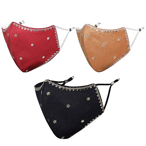 MASQ By Q-One Shubh 4 Layer, Reusable, with Ear Adjusters, Anti-Bacterial (BFE>99%) Embroidered Cotton Cloth Face Mask Combo for Women, Girls (Large, Black-Red-Gold, Pack of 3) - Image 1