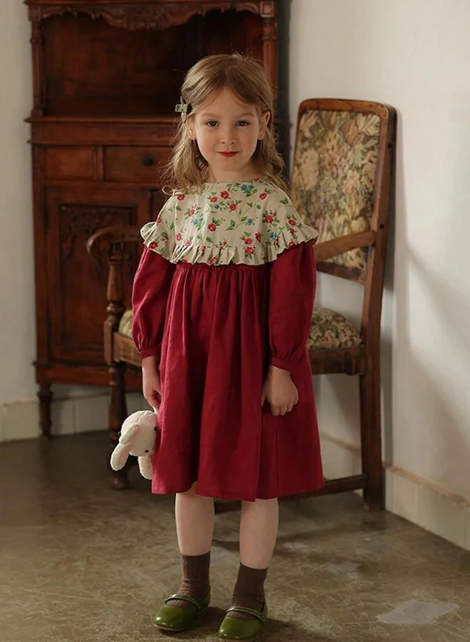 Take Two Girls Burgundy Floral Print Long Sleeve Dress