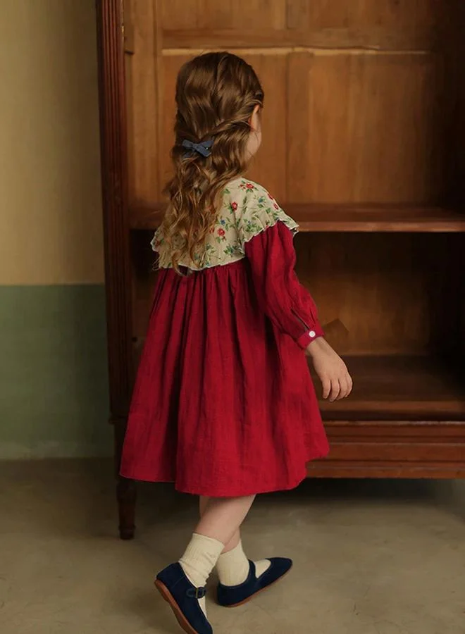 Take Two Girls Burgundy Floral Print Long Sleeve Dress