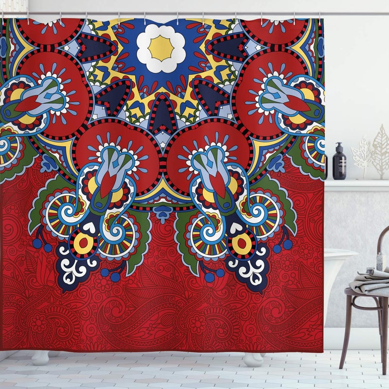 أمبيسون Ambesonne Mandala Startain Startain Colump of Lace Like Flowers Leaves Swirls Vintage Illustration Folk Proper Decord Fabric Fabric Decor - Image 1