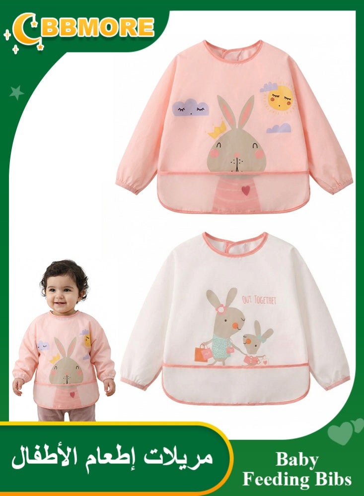 BBMORE 2Packs Baby Feeding Bibs with Sleeves and Catch-all Pocket, Waterproof Baby Long Sleeve Bibs Adjustable Fit for Ages 6-36 Months (Pink) - Image 1