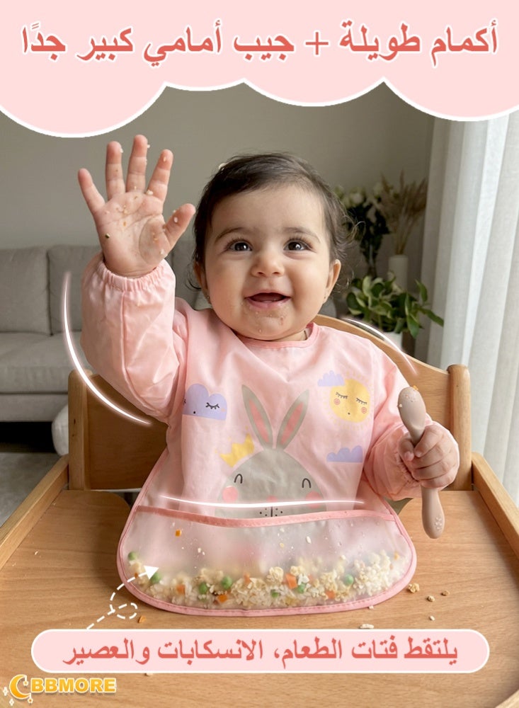 BBMORE 2Packs Baby Feeding Bibs with Sleeves and Catch-all Pocket, Waterproof Baby Long Sleeve Bibs Adjustable Fit for Ages 6-36 Months (Pink) - Image 2