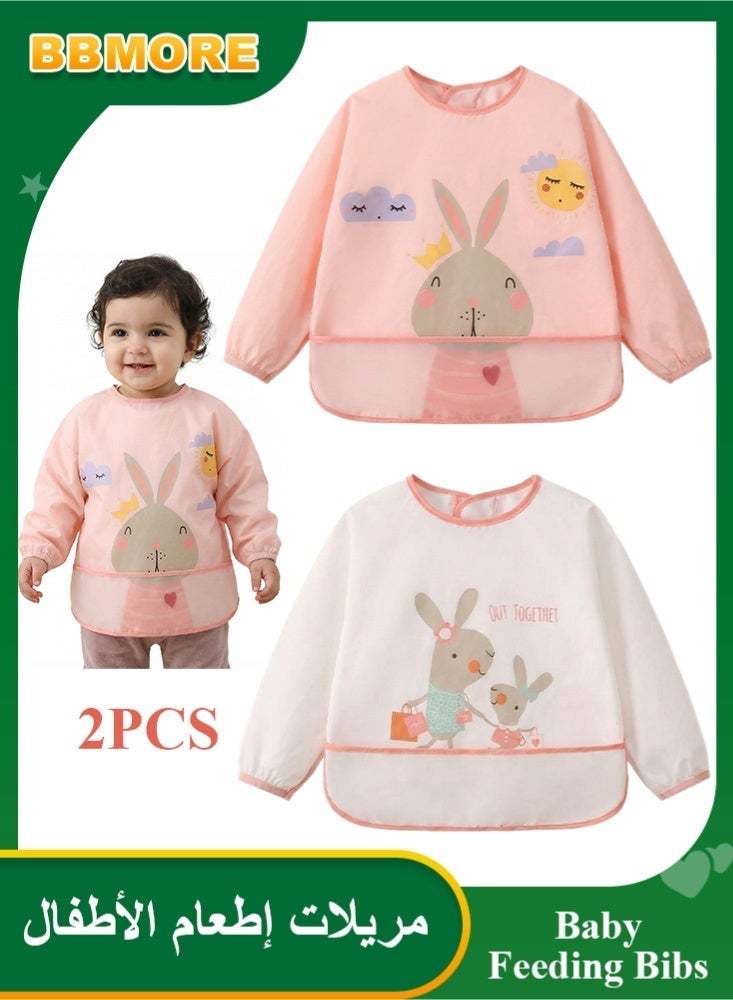 BBMORE 2Packs Baby Feeding Bibs with Sleeves and Catch-all Pocket, Waterproof Baby Long Sleeve Bibs Adjustable Fit for Ages 6-36 Months (Pink) - Image 1
