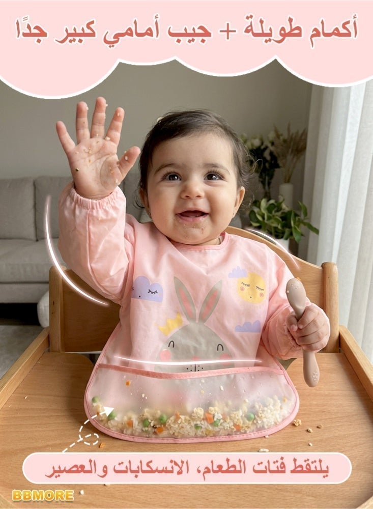 BBMORE 2Packs Baby Feeding Bibs with Sleeves and Catch-all Pocket, Waterproof Baby Long Sleeve Bibs Adjustable Fit for Ages 6-36 Months (Pink) - Image 2