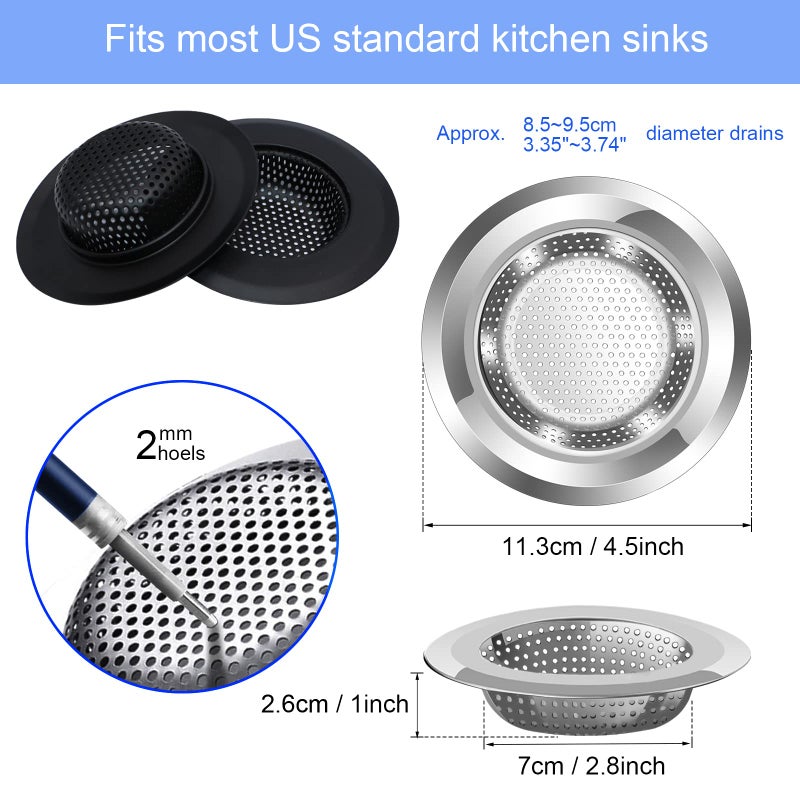 V-TOP Kitchen Sink Drain Strainer, 4 Pack Stainless Steel and Black Mesh Sink Strainer for Kitchen with Large Wide Rim 4.5" Diameter, Sink Filter Strainer with 3" Basket Sink Food Catcher - Image 2