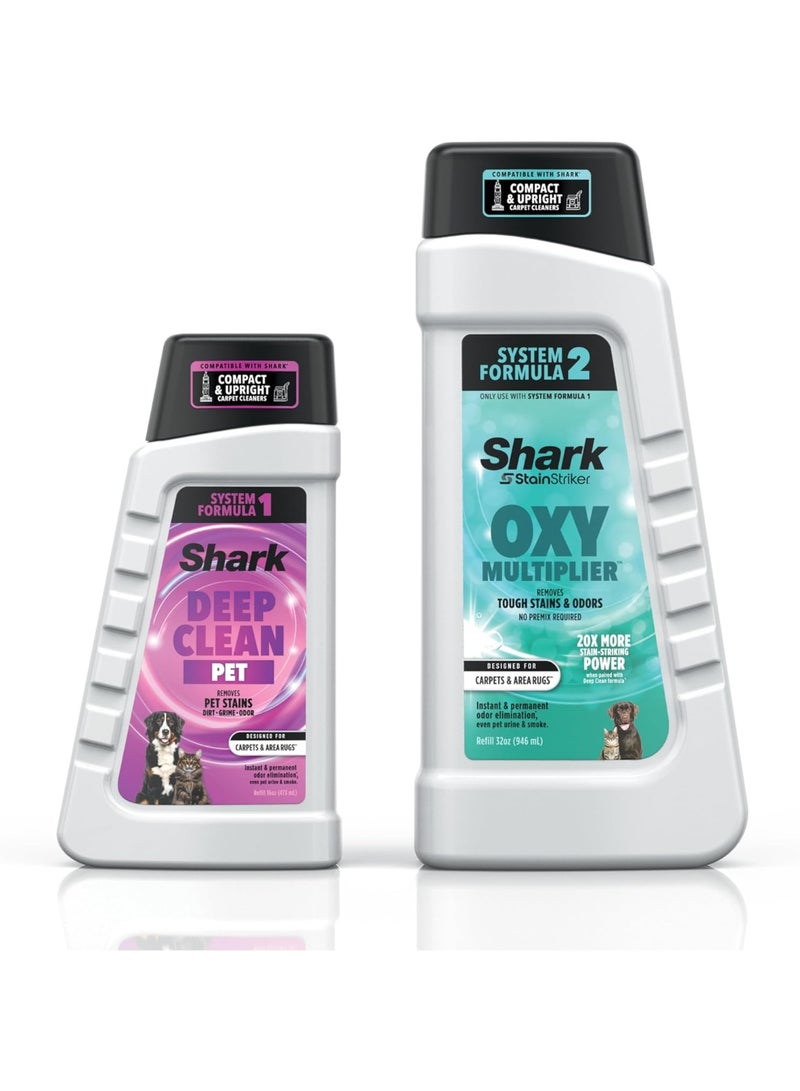 Shark حزمة شيرك ستين سترايكر للحيوانات الأليفة لجميع أجهزة تنظيف السجاد المحمولة ستين سترايكر، تشمل تركيبة 32 أونصة من أُكسيد مضاعف وتركيبة 16 أونصة من التنظيف العميق للحيوانات الأليفة
