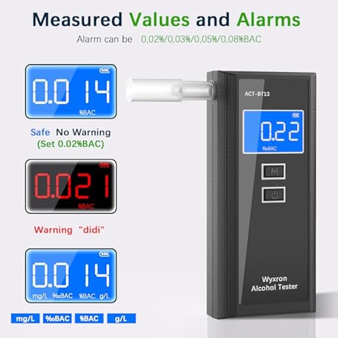 rayihni Breathalyzer, Alcohol Breathalysers Tester Professional Breath Tester High Accuracy With LCD Digital Display/Records/10 Mouthpieces, for Individuals/Families/Parties Quick Test - Image 3