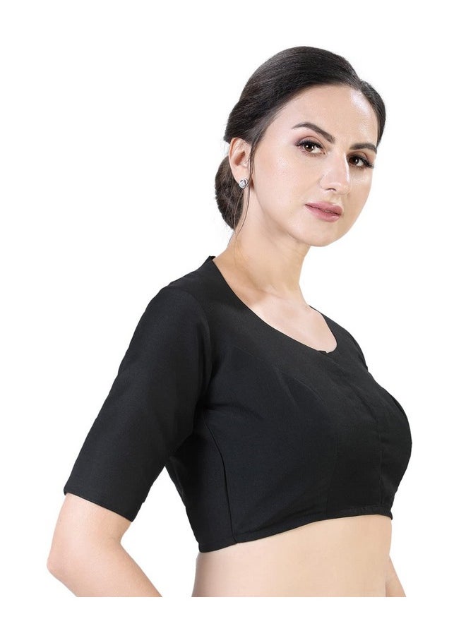 Studio Shringaar - Studio Shringaar Women's Polyester Readymade Soft Solid Colored Saree Blouse with Short Sleeves(Black, 34) - Image 1