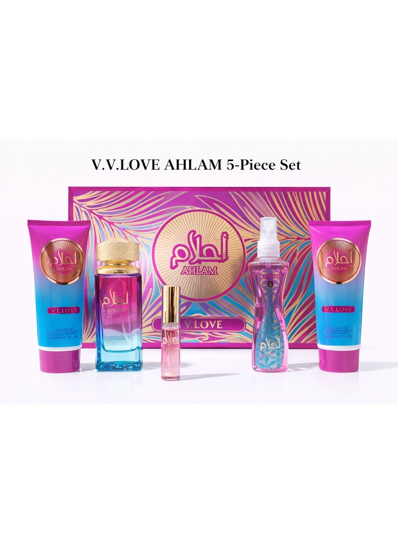 مجموعة هدايا V.V.LOVE أحلام خماسية القطع - عطر، لوشن للجسم، جل استحمام، معطر للجسم، عطر صغير للسفر
