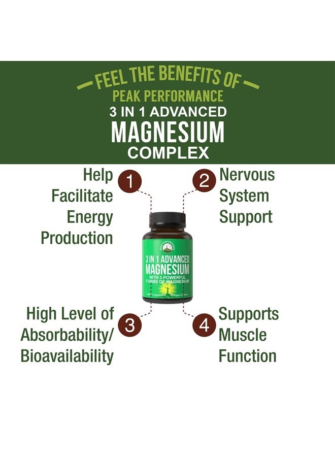 Peak Performance 3 in 1 Advanced Magnesium Complex Vegan Capsules with Magnesium L-Threonate, Magnesium Glycinate, Magnesium Taurinate. High Absorption and Bioavailability. 3 Top Magnesiums in One Supplement 90 Pills - Image 2