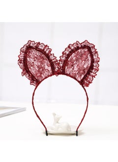 Generic Sweet Simple Lace Cat Ear Hair Ties Women Face Washing Hair Clips Rabbit Ear Headbands Fresh Korean Style 19# Large Rabbit Ears-Wine Red 
