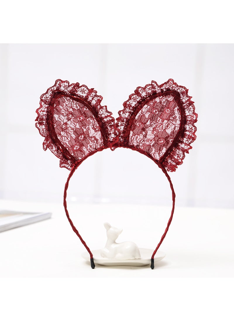 Generic Sweet Simple Lace Cat Ear Hair Ties Women Face Washing Hair Clips Rabbit Ear Headbands Fresh Korean Style 19# Large Rabbit Ears-Wine Red 
