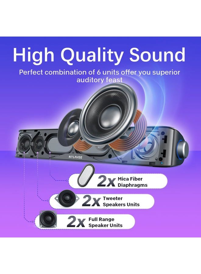 Nylavee Computer Speakers, Hi-Fi Stereo Computer Sound Bar with Bluetooth & 3.5mm Aux, USB/USB-C Powered for Desktop PC, Laptop & Monitor, Built-in Mic and Headphone Jack - Image 2