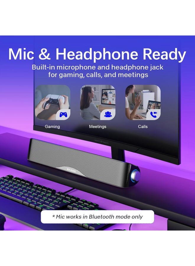 Nylavee Computer Speakers, Hi-Fi Stereo Computer Sound Bar with Bluetooth & 3.5mm Aux, USB/USB-C Powered for Desktop PC, Laptop & Monitor, Built-in Mic and Headphone Jack - Image 5