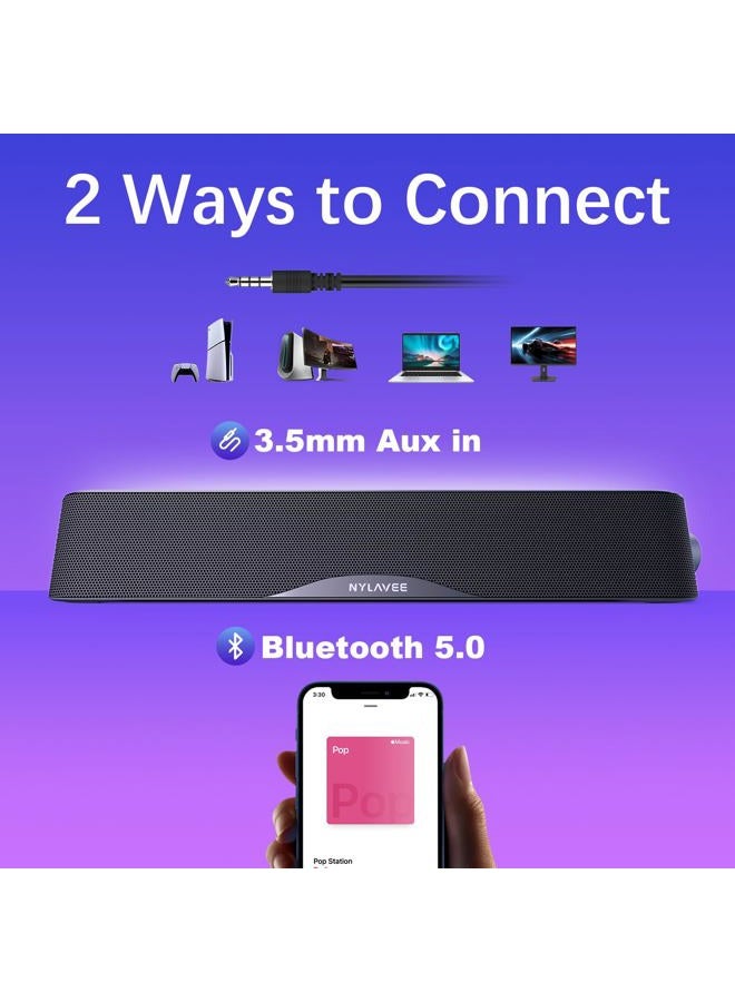 Nylavee Computer Speakers, Hi-Fi Stereo Computer Sound Bar with Bluetooth & 3.5mm Aux, USB/USB-C Powered for Desktop PC, Laptop & Monitor, Built-in Mic and Headphone Jack - Image 3