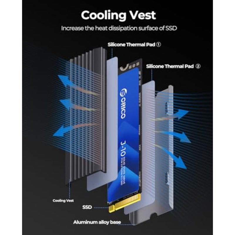 M.2 NVMe SSD مع مبدد حرارة لأجهزة الكمبيوتر المحمول وأجهزة الكمبيوتر المكتبية، ذاكرة تخزين مؤقت NAND SLC ثلاثية الأبعاد، عامل شكل 2280، ما يصل إلى 2800 ميجابايت/ثانية PCIe Gen3x4، أسود - Image 2