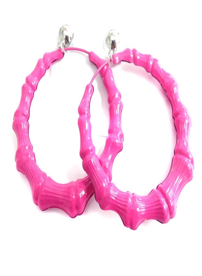 Clip-on Earrings Bamboo Hoop Earrings Assorted Colors 3 inch (Pink)