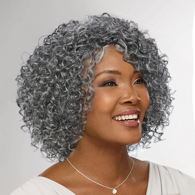 HUA Grey Wig for Women Human Hair Glueless Kinky Curly Salt and Pepper Wigs for Black Women Short Curly Wear and Go Glueless Wig for Old Lady NonLace Bob Gray Wigs Human Hair Mixed