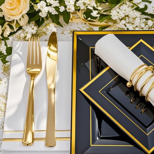 Festiva 350Pcs Black and Gold Plastic Plates-50Guests Disposable Square Black Dinnerware Set include 100 Plastic Plates,50Cups,150Plastic Cutlery,50Napkins for Halloween Party &Wedding&New Year - Image 4