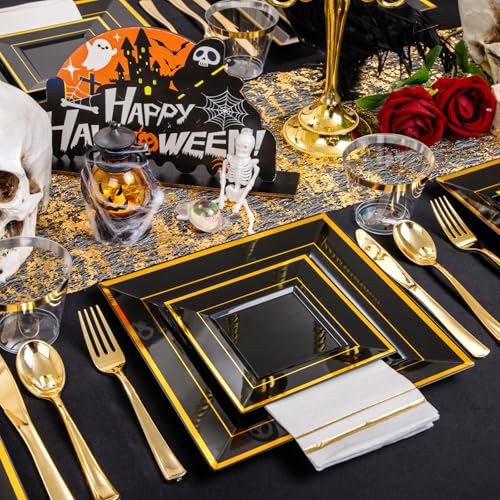 Festiva 350Pcs Black and Gold Plastic Plates-50Guests Disposable Square Black Dinnerware Set include 100 Plastic Plates,50Cups,150Plastic Cutlery,50Napkins for Halloween Party &Wedding&New Year - Image 5