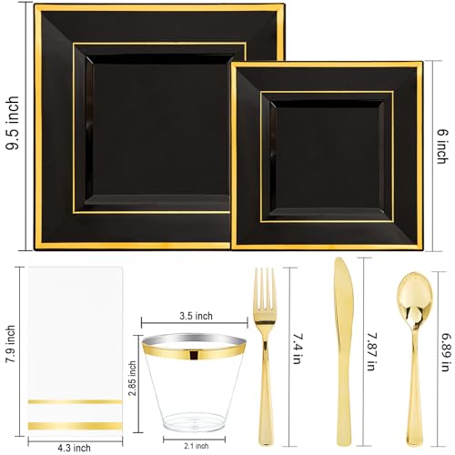 Festiva 350Pcs Black and Gold Plastic Plates-50Guests Disposable Square Black Dinnerware Set include 100 Plastic Plates,50Cups,150Plastic Cutlery,50Napkins for Halloween Party &Wedding&New Year - Image 2