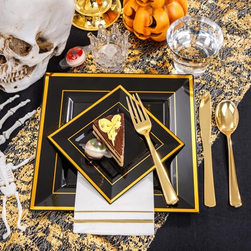 Festiva 350Pcs Black and Gold Plastic Plates-50Guests Disposable Square Black Dinnerware Set include 100 Plastic Plates,50Cups,150Plastic Cutlery,50Napkins for Halloween Party &Wedding&New Year - Image 3