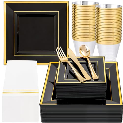 Festiva 350Pcs Black and Gold Plastic Plates-50Guests Disposable Square Black Dinnerware Set include 100 Plastic Plates,50Cups,150Plastic Cutlery,50Napkins for Halloween Party &Wedding&New Year - Image 1