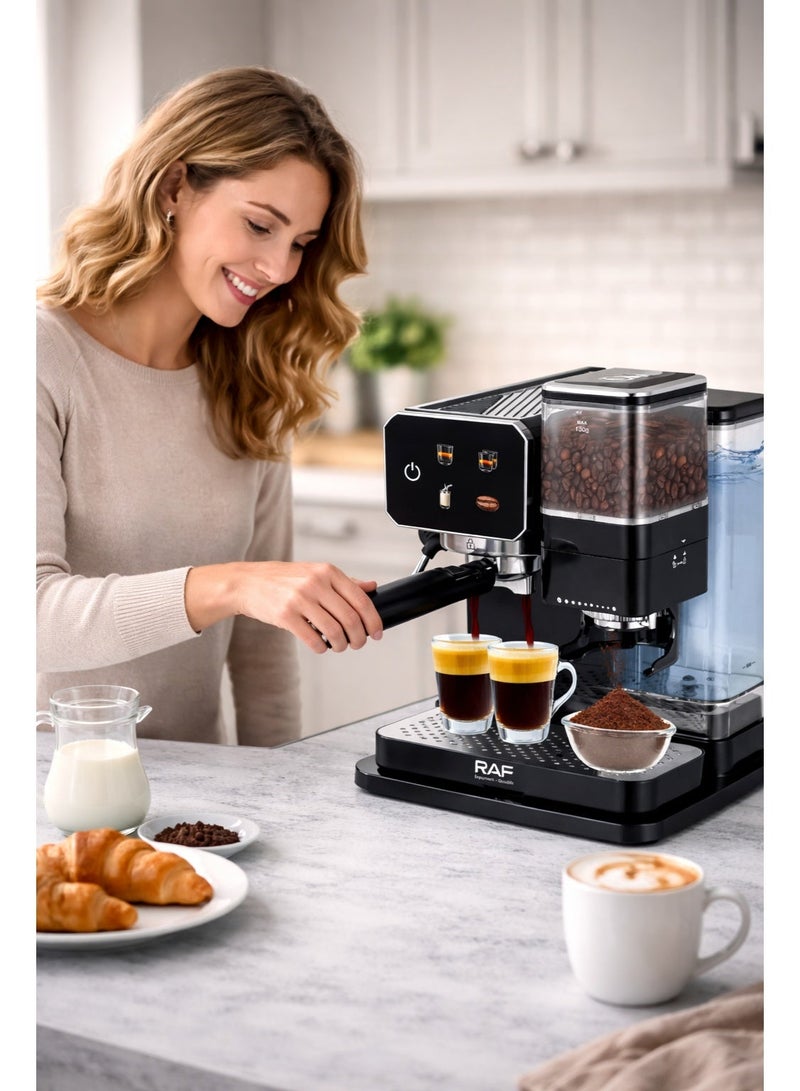 آر إيه أف ماكينة قهوة RAF بقوة 1450 واط مع مطحنة وخفاقة حليب | ماكينة إسبريسو سعة 900 مل، نظام تحضير مزدوج، مطحنة حبوب قهوة مدمجة للإسبريسو والقهوة التركية - Image 5