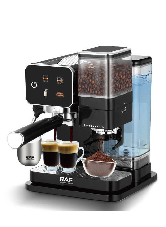 آر إيه أف ماكينة قهوة RAF بقوة 1450 واط مع مطحنة وخفاقة حليب | ماكينة إسبريسو سعة 900 مل، نظام تحضير مزدوج، مطحنة حبوب قهوة مدمجة للإسبريسو والقهوة التركية - Image 1