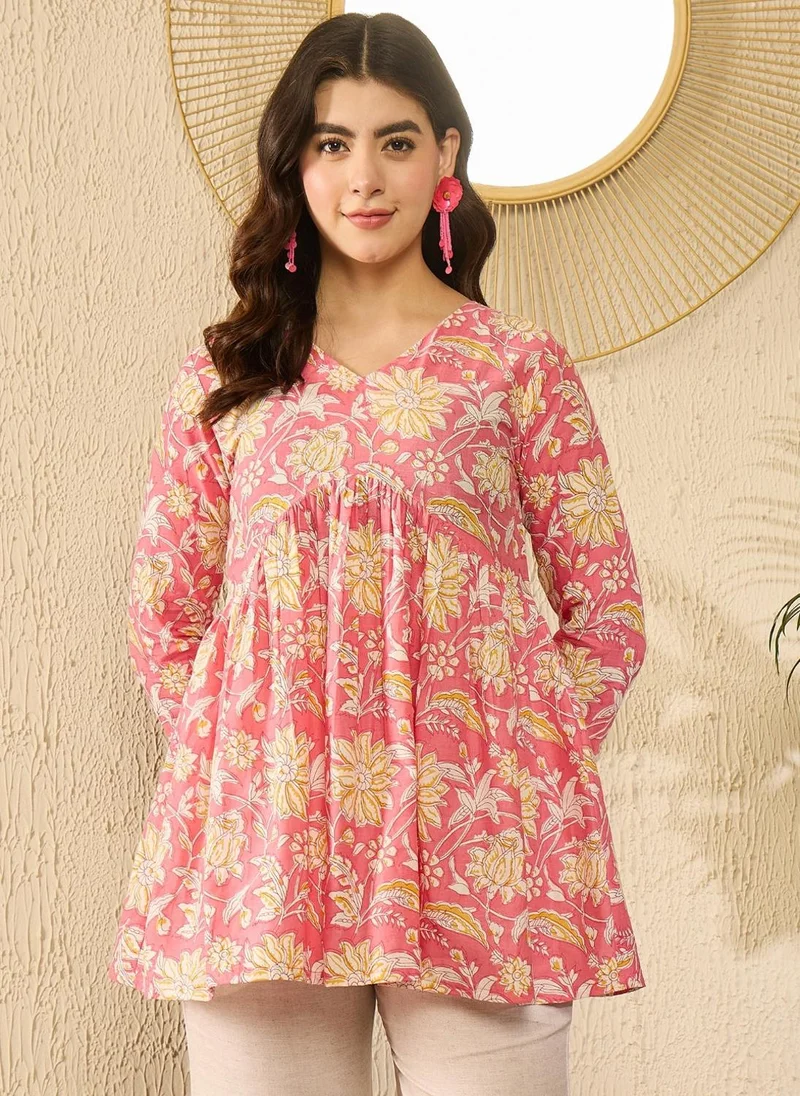 زيري سوق Pink Cotton Blend Floral Printed Peplum Tunic Top