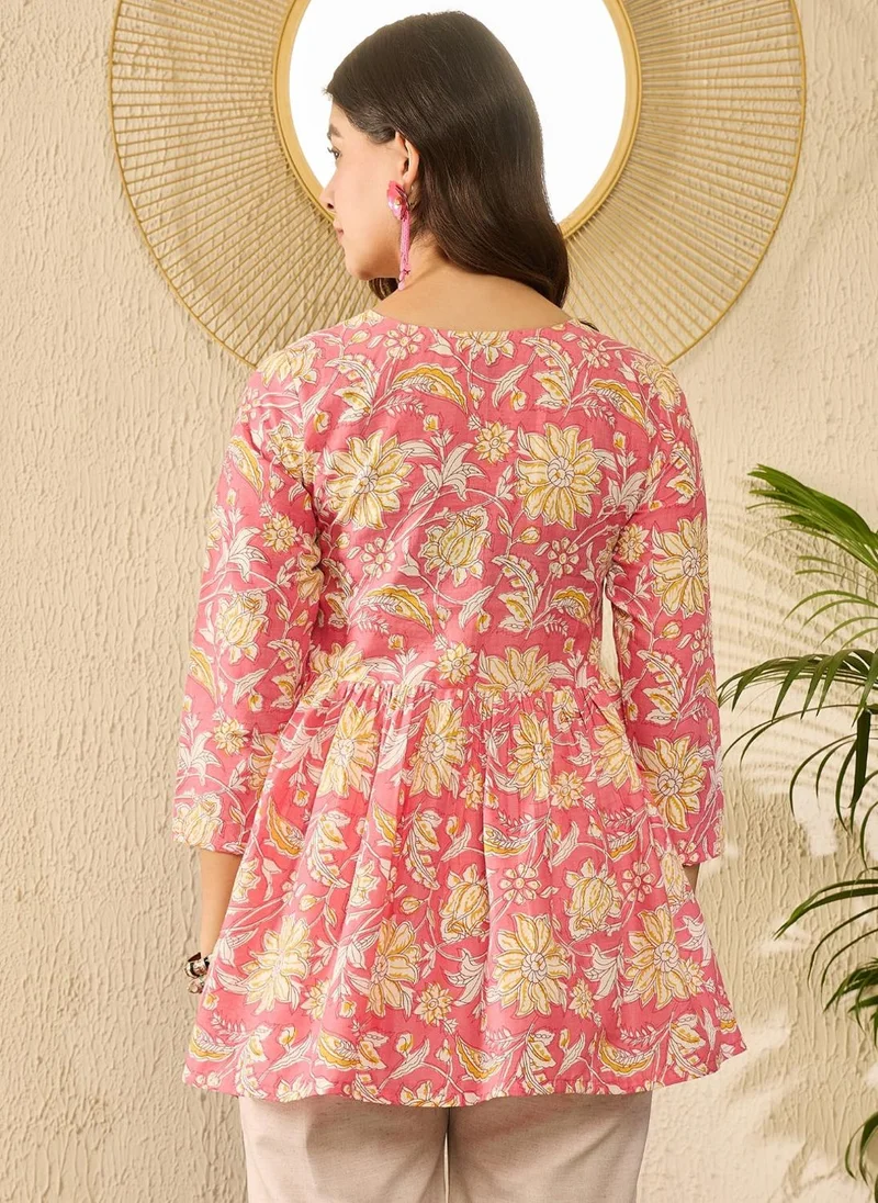 ZERESOUQ Pink Cotton Blend Floral Printed Peplum Tunic Top
