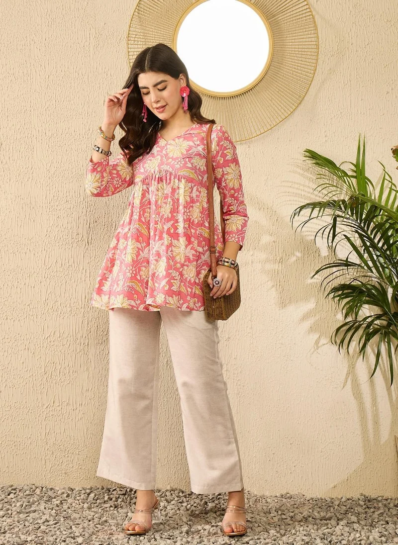 ZERESOUQ Pink Cotton Blend Floral Printed Peplum Tunic Top