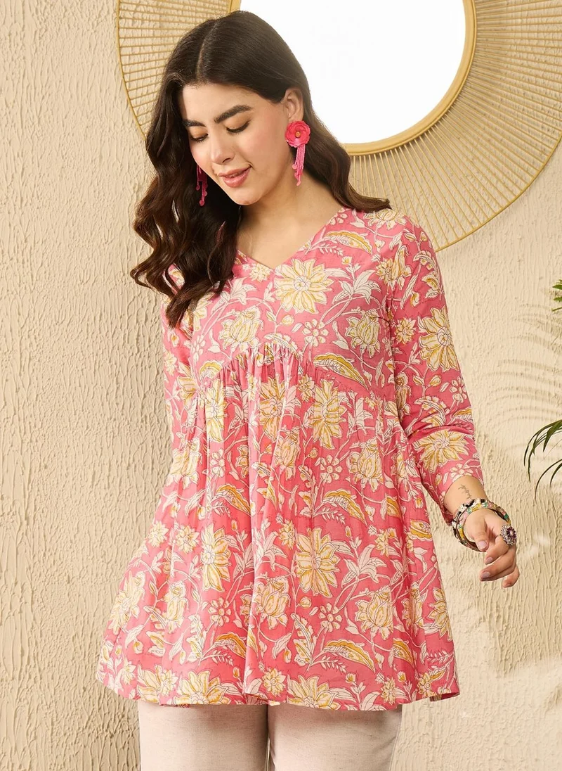 ZERESOUQ Pink Cotton Blend Floral Printed Peplum Tunic Top