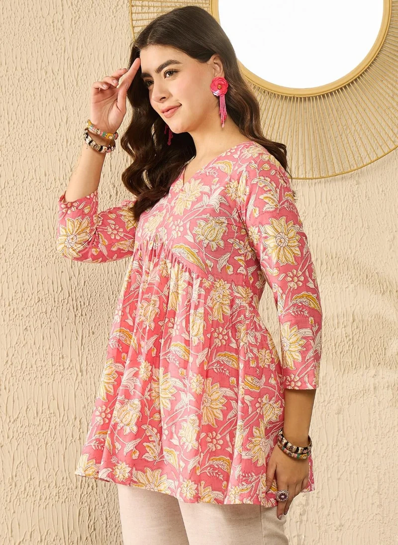 ZERESOUQ Pink Cotton Blend Floral Printed Peplum Tunic Top