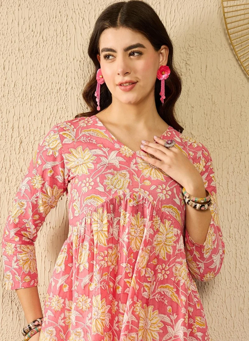 زيري سوق Pink Cotton Blend Floral Printed Peplum Tunic Top