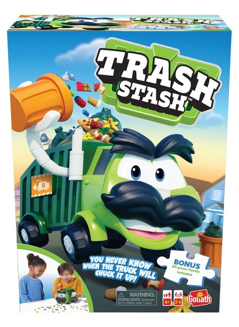 Goliath Trash Stash Game w/ 24pc Puzzle - Fill Trashcan, Watch It Dump Into Garbage Truck Or Truck Chucks It Up - Includes 24-Piece Puzzle